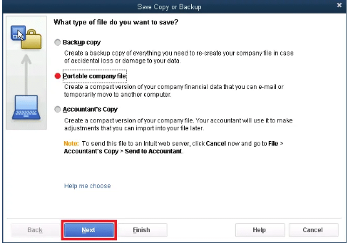 Opt for "Portable company file" and follow the prompts.